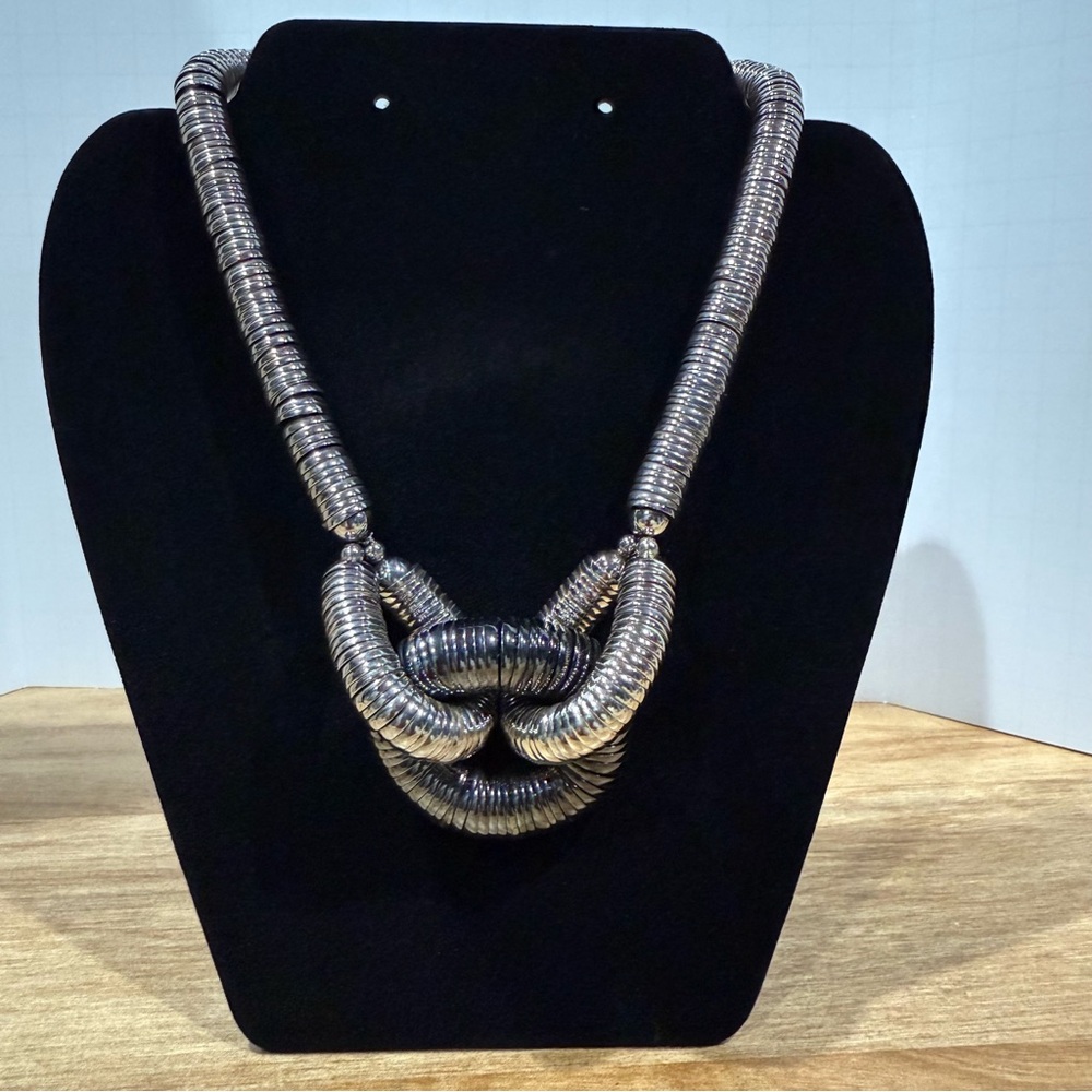 Avant-Garde Heavy Layered Metal Silver Tone Necklace Chunky Bulky Futuristic